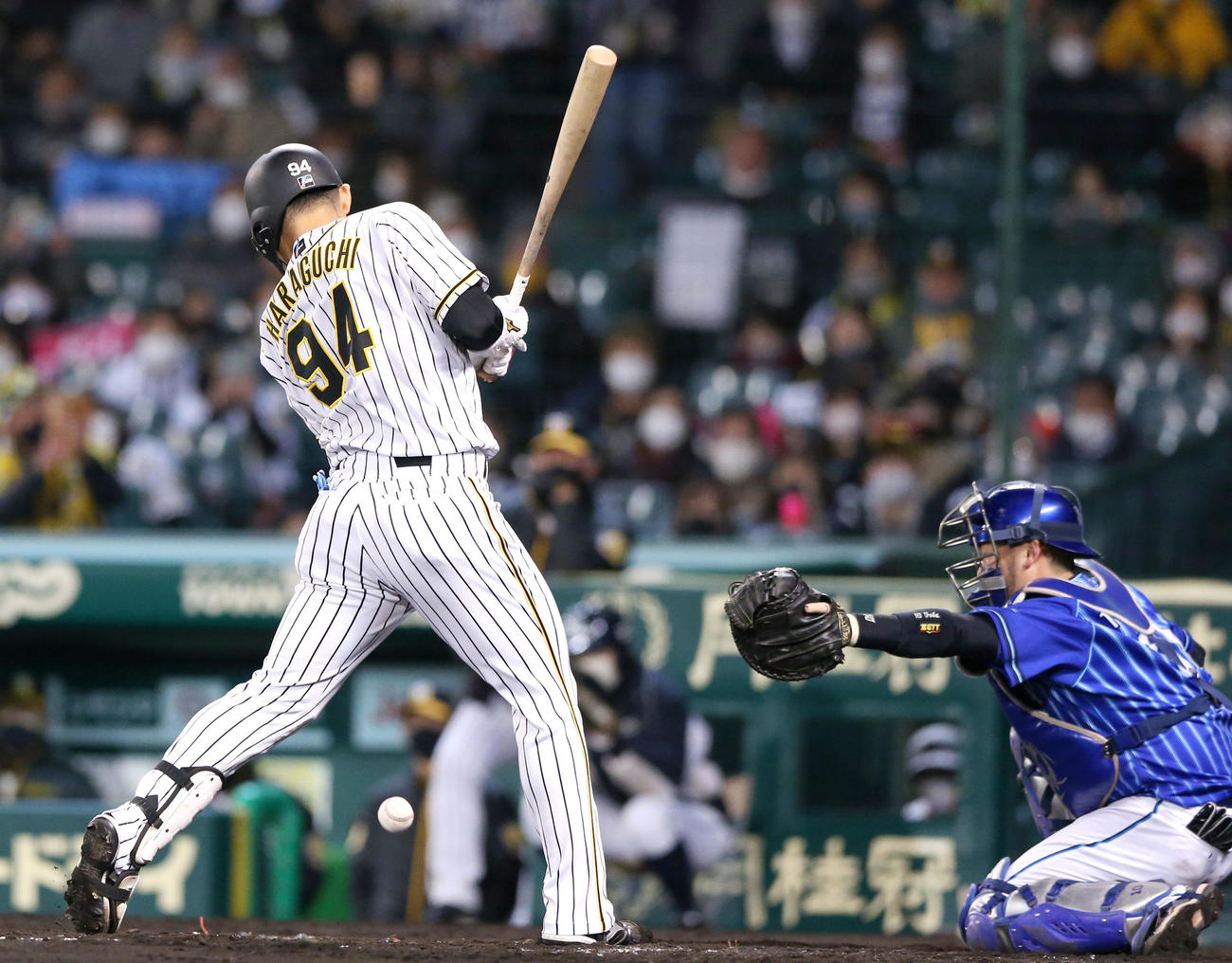 阪神対DeNA　7回裏阪神1死二塁、代打原口は死球をうける（撮影・上山淳一）