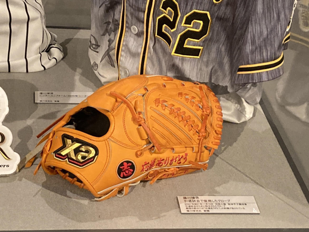 引退試合で使用した藤川球児の野球道具が甲子園歴史館に展示される（球団提供）