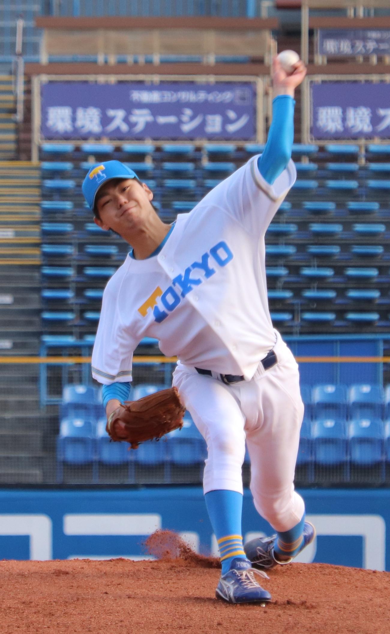 法大対東大　フレッシュトーナメント5、6位決定戦に先発し、2回1安打1失点（自責0）の東大・鈴木（撮影・古川真弥）