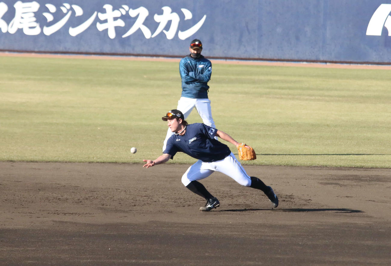 特守の併殺練習で遊撃手へトスをする日本ハム渡辺（撮影・中島宙恵）