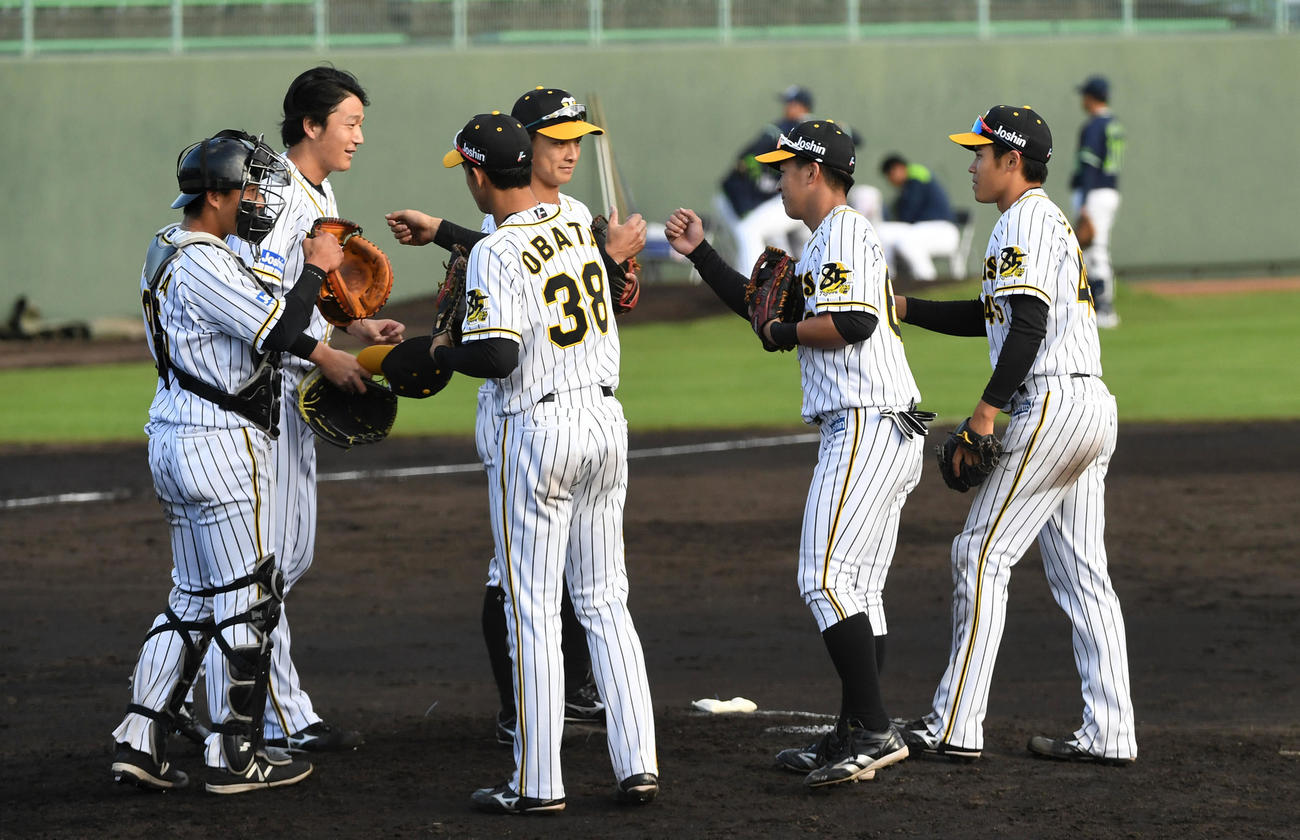 阪神対ヤクルト　ヤクルトに勝利、喜ぶ阪神ナイン（撮影・前岡正明）
