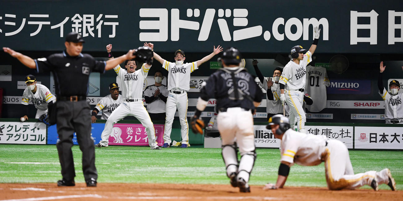 ソフトバンク対ロッテ　7回裏ソフトバンク1死一塁、周東の右越え適時三塁打で追加点を奪い歓喜するソフトバンクナイン（撮影・横山健太）