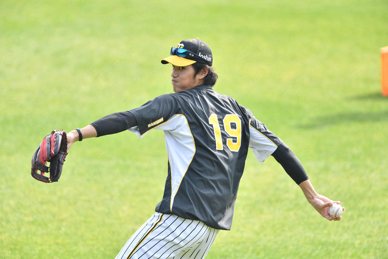キャッチボール中にさまざまな変化球を投げる藤浪（撮影・岩下翔太）