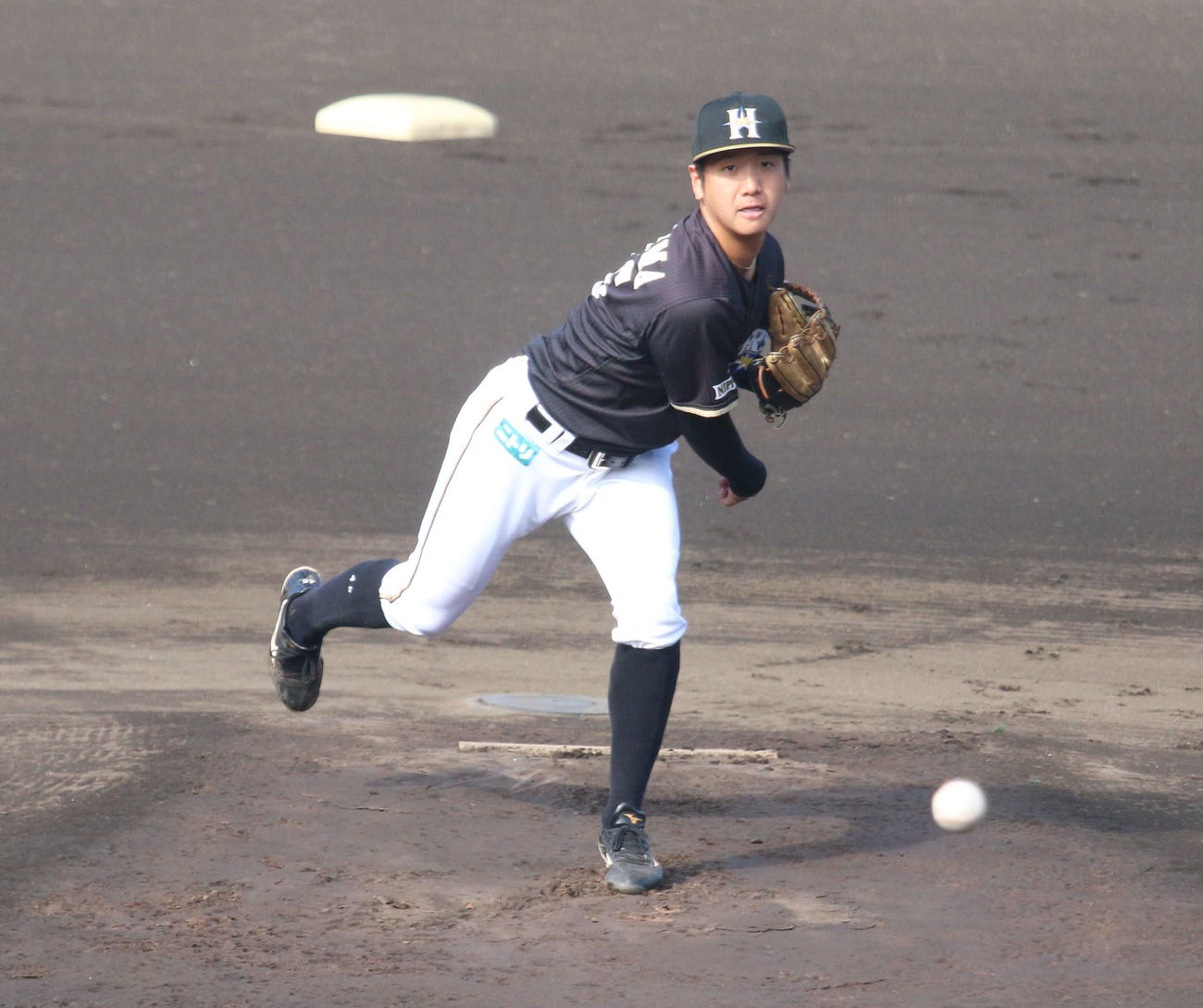 鎌ケ谷で秋季練習に参加した日本ハム平沼が練習の一環でマウンドから投球（撮影・木下大輔）