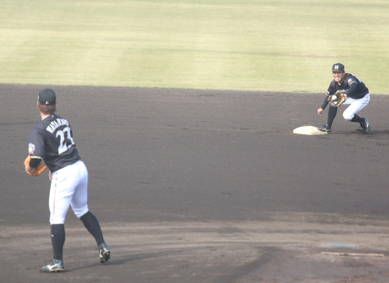 鎌ケ谷で秋季練習に参加した日本ハム平沼は渡辺（左）からの送球を受ける（撮影・木下大輔）