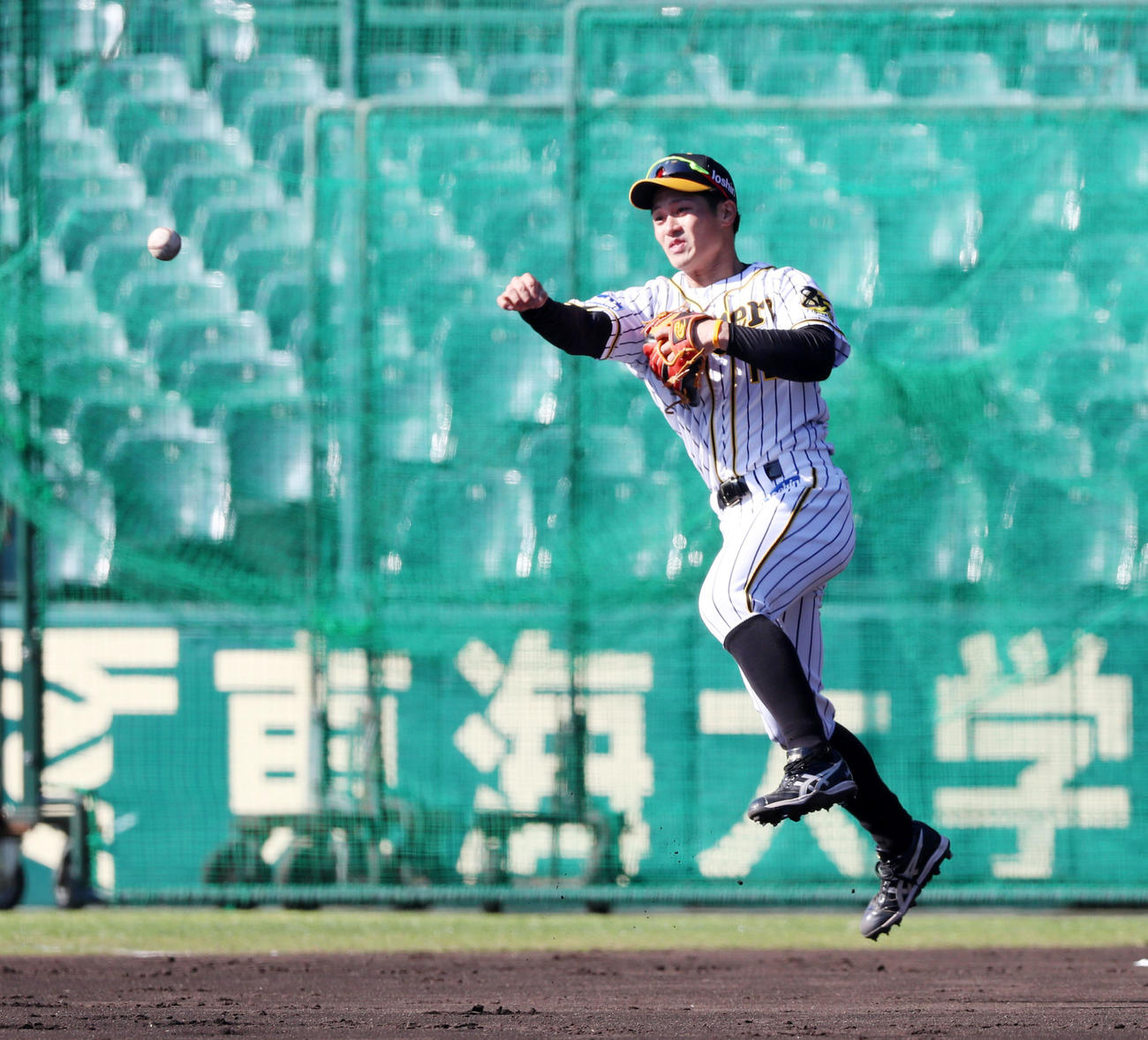 3カ所に分かれたノックでジャンピングスローを見せる坂本誠志郎（撮影・加藤哉）