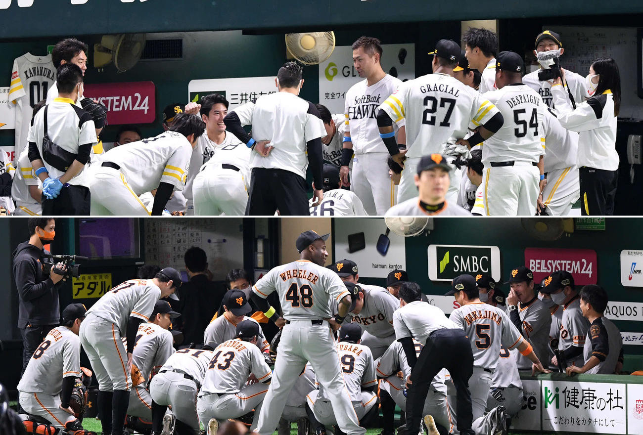ソフトバンク対巨人　試合前、円陣を組むソフトバンクナイン（上）と巨人ナイン（撮影・横山健太）
