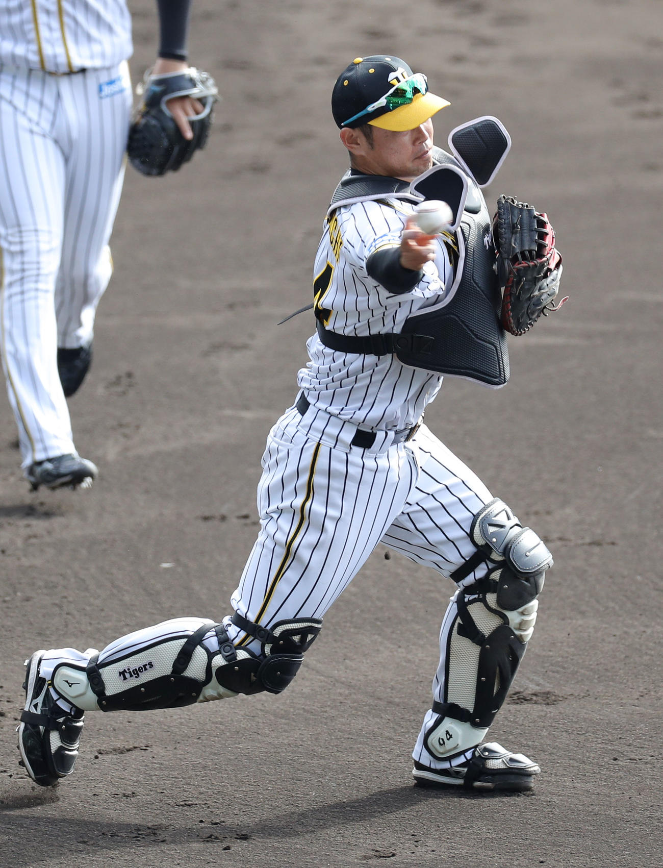 捕手で30アウトノックを受ける原口（撮影・前田充）