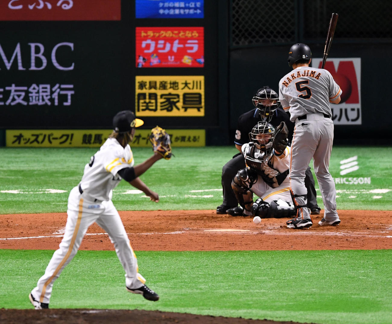 ソフトバンク対巨人　8回表巨人1死、死球を受ける中島（撮影・横山健太）