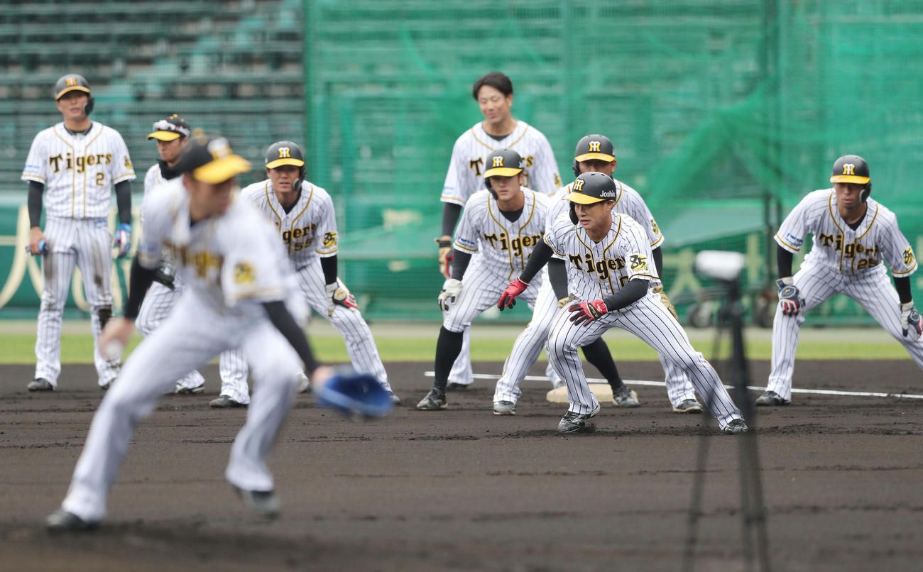 盗塁練習を行う阪神ナイン（撮影・前田充）