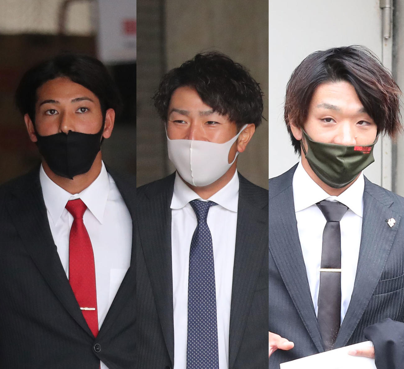 ソフトバンクから戦力外通告を受けた左から加治屋、西田、松田