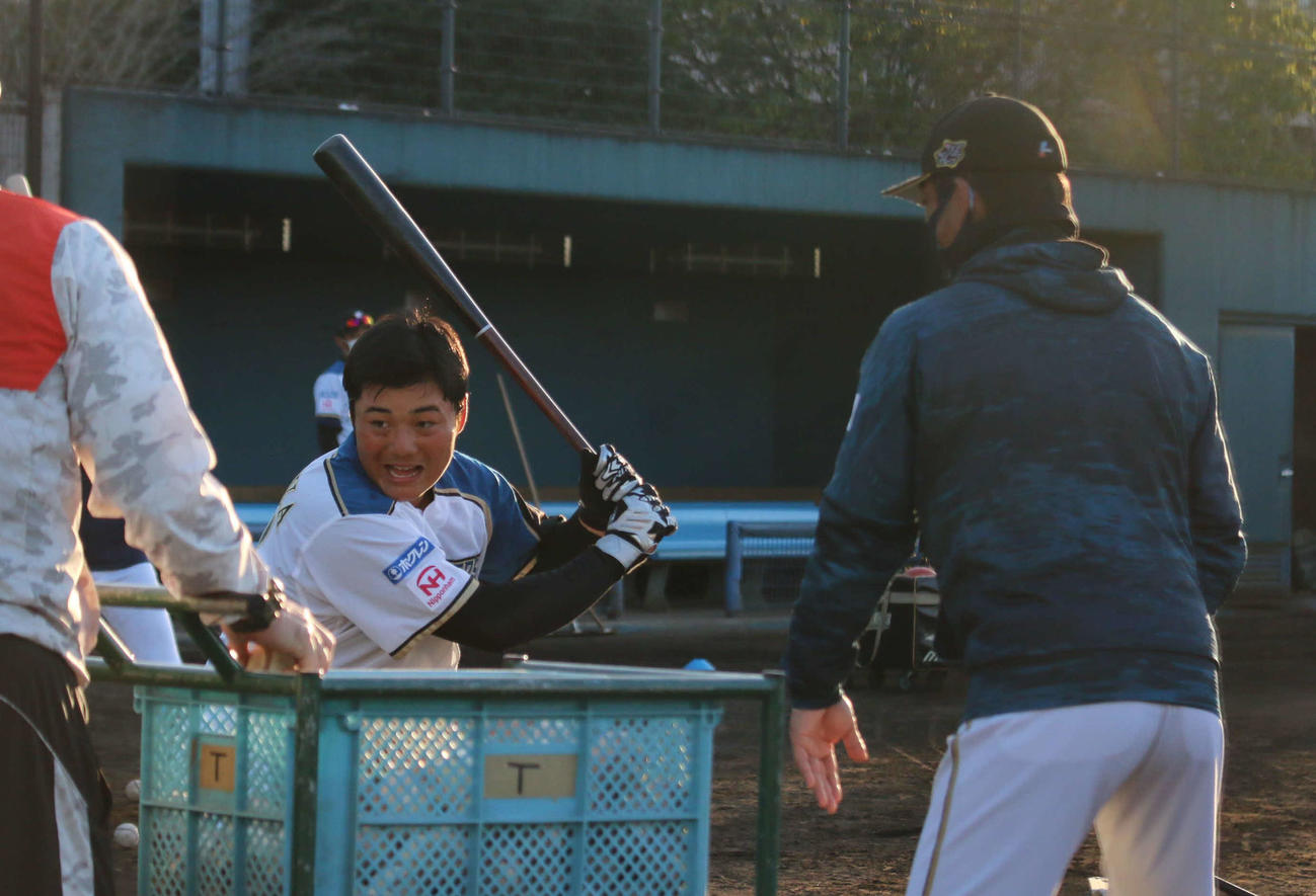 フェニックス・リーグでの試合後、日本ハム小笠原ヘッド兼打撃コーチ（右）が見守る中、特打を行う清宮