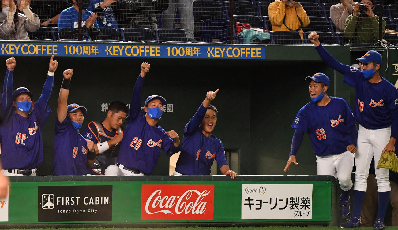 11月24日のジェイプロジェクト対鷺宮製作所　3回表ジェイプロジェクト2死二塁、今井の中前適時打で盛り上がるジェイプロジェクトナイン（撮影・柴田隆二）