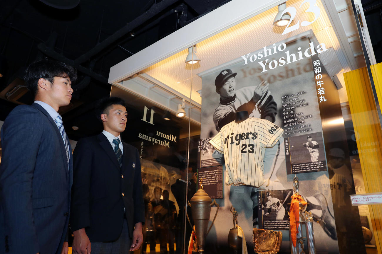 甲子園歴史館を見学する阪神中野（左）と高寺（撮影・前田充）