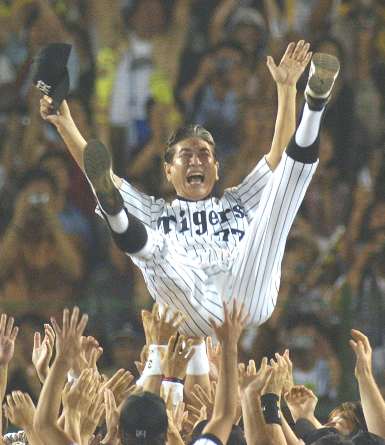 2003年9月、リーグ優勝し胴上げされる阪神星野監督