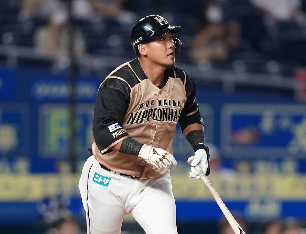 プロ通算250号本塁打となる右越え2点本塁打を放つ日本ハム中田翔（2020年9月10日撮影）
