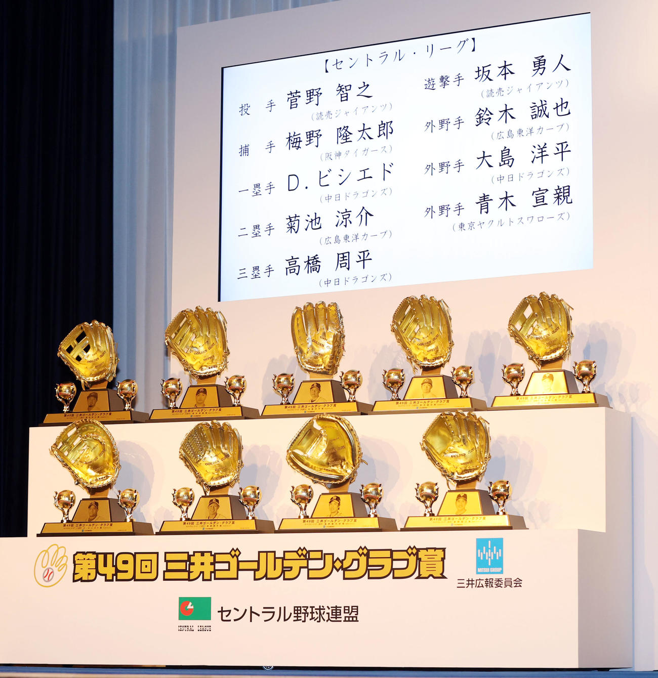 第49回「三井ゴールデン・グラブ賞」で受賞したセ・リーグ選手のゴールデン・グラブトロフィー（撮影・狩俣裕三）