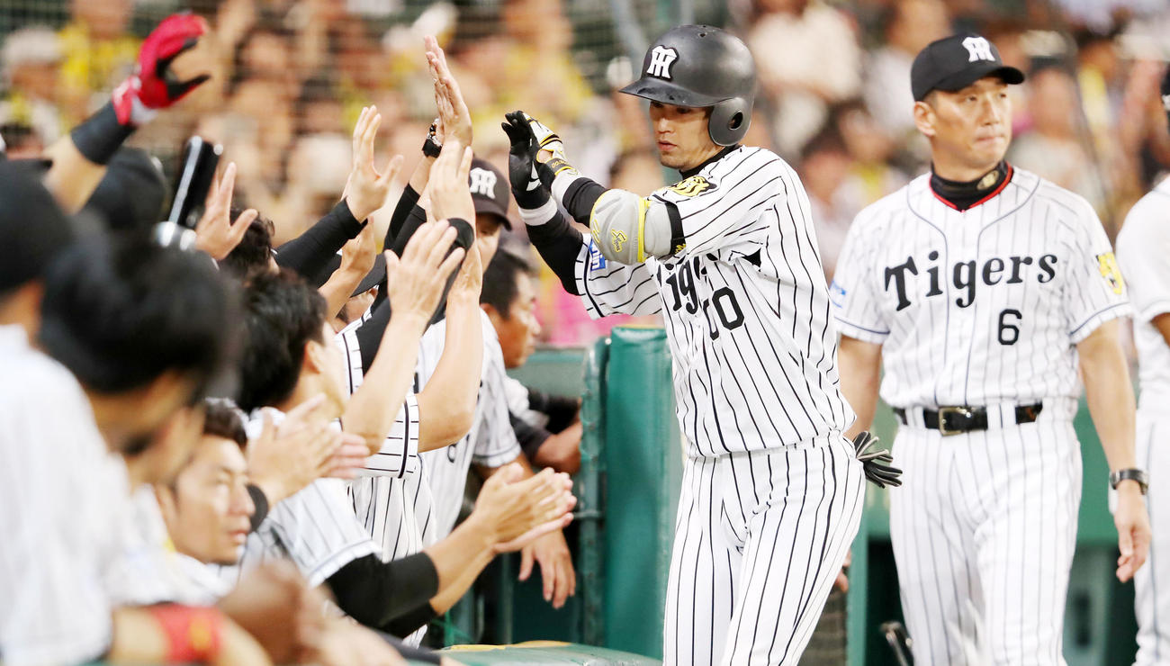 17年9月、中日戦で本塁打を放ちベンチのナインとタッチする上本