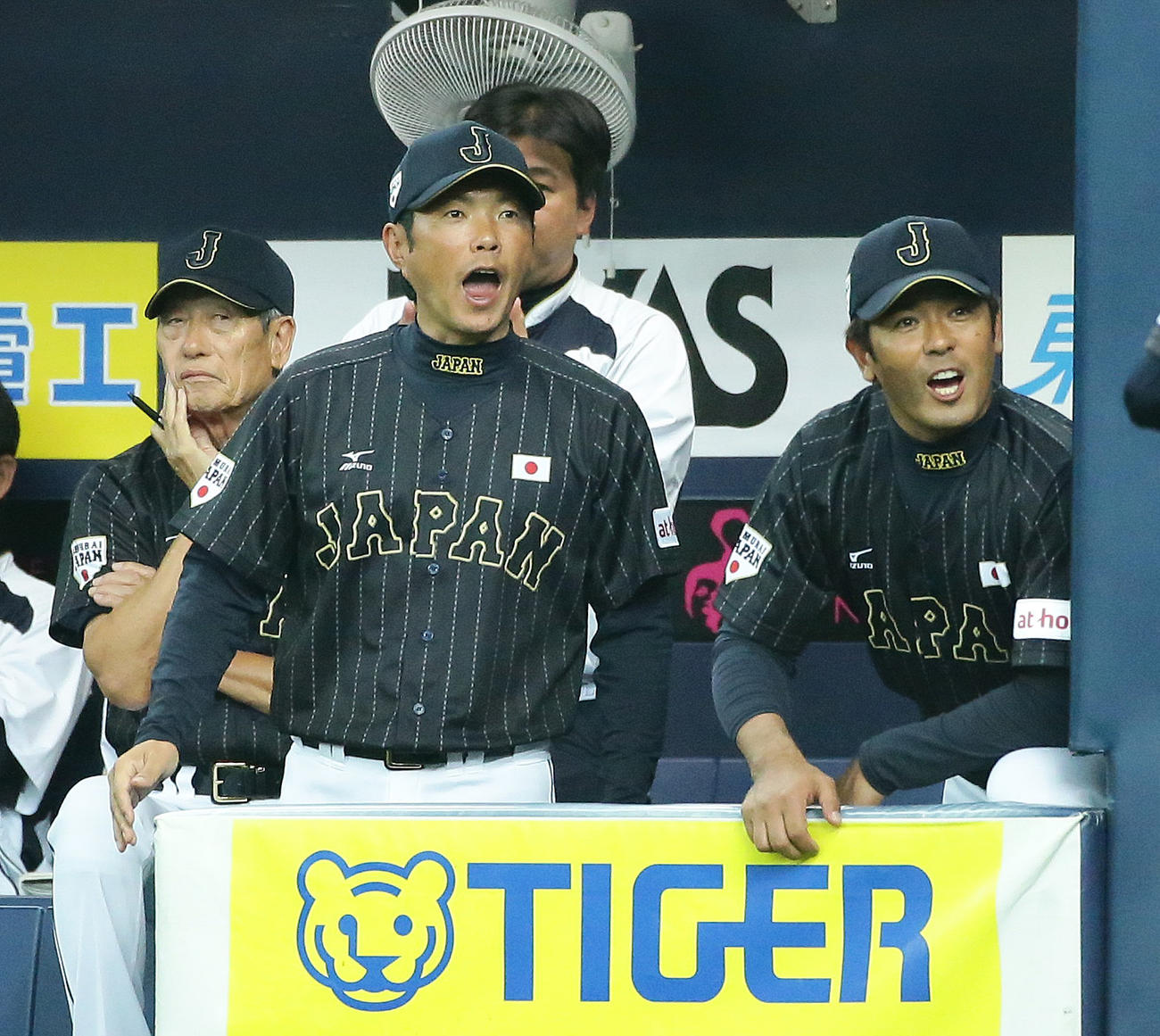 16年3月、侍ジャパン強化試合の台湾戦で、ベンチから声を上げる小久保監督