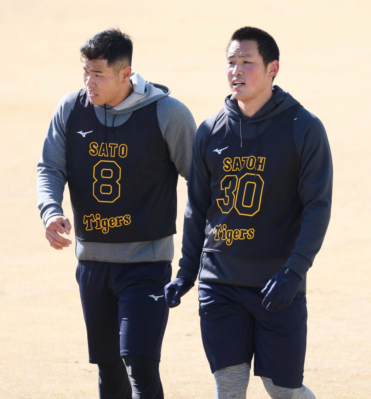 練習に臨む阪神佐藤蓮（右）と佐藤輝明（代表撮影）