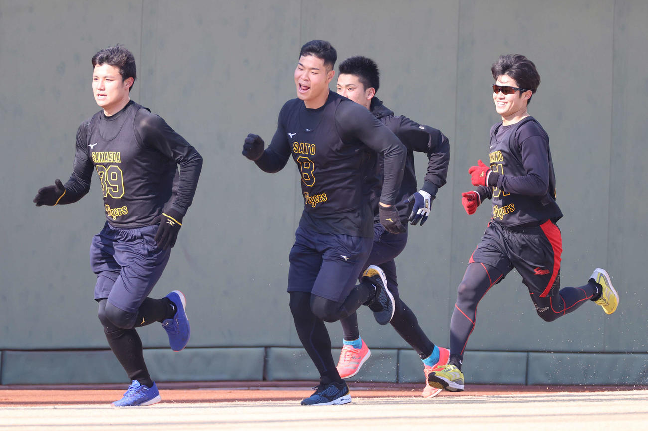 繰り返しのダッシュを行う新人選手たち、左から栄枝、佐藤輝、高寺、中野（撮影・清水貴仁）