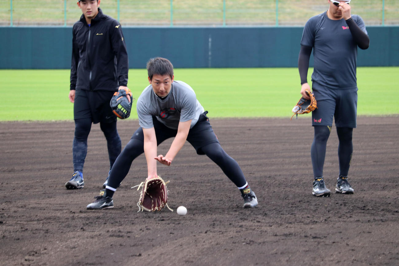 自主トレでノックを受ける岩崎、左はDeNA山本、右は大山（代表撮影）