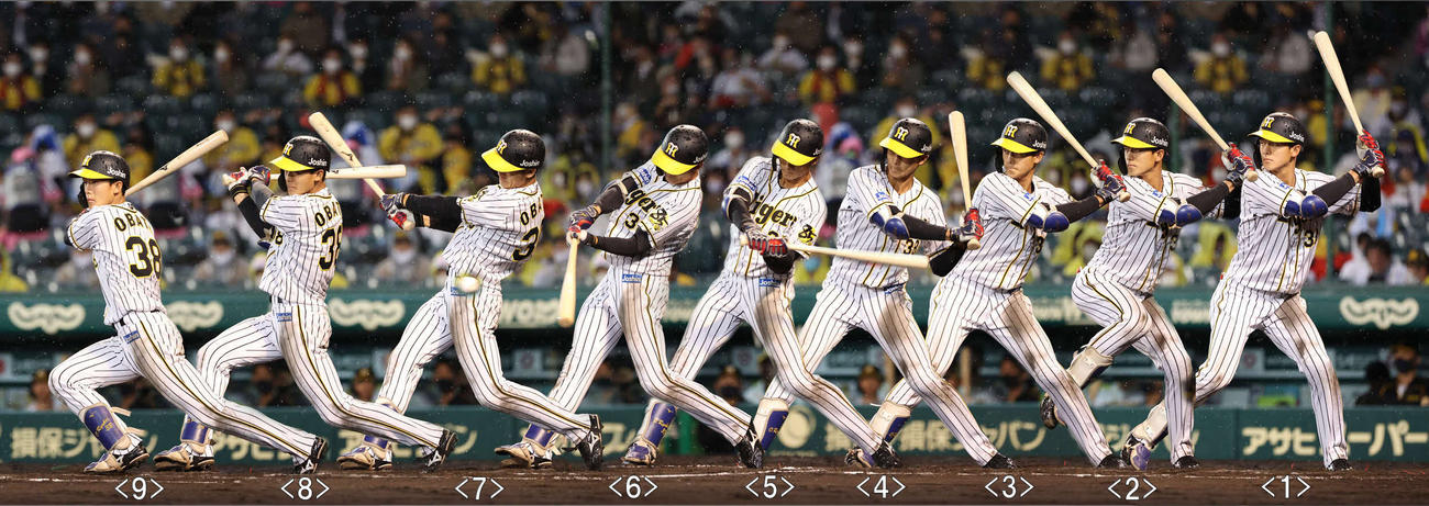 20年10月16日、ヤクルト戦の8回、左前打を放つ阪神小幡の打撃フォーム（連続で撮影し1枚に合成）