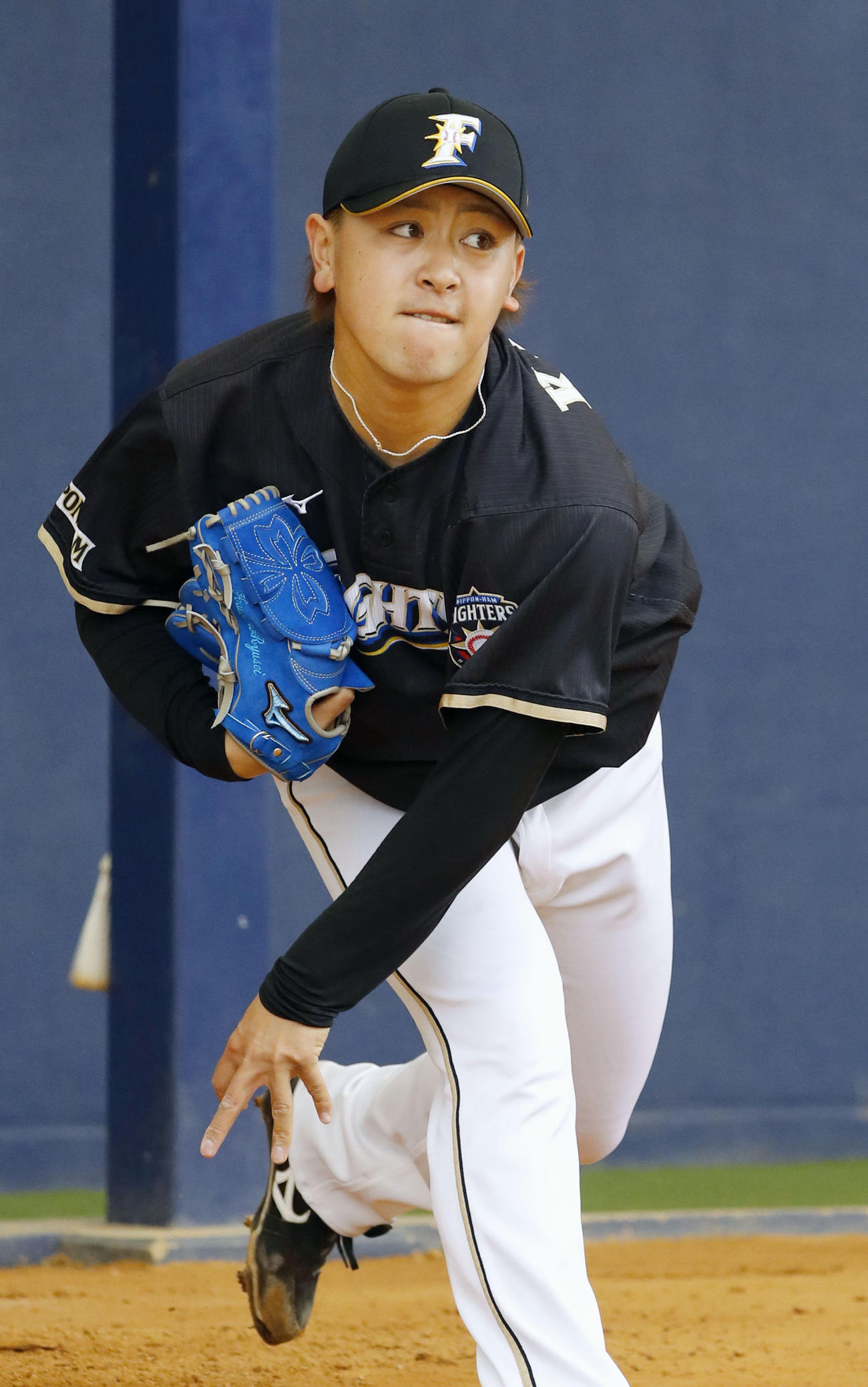 ブルペンで投球練習する日本ハム河野（共同）