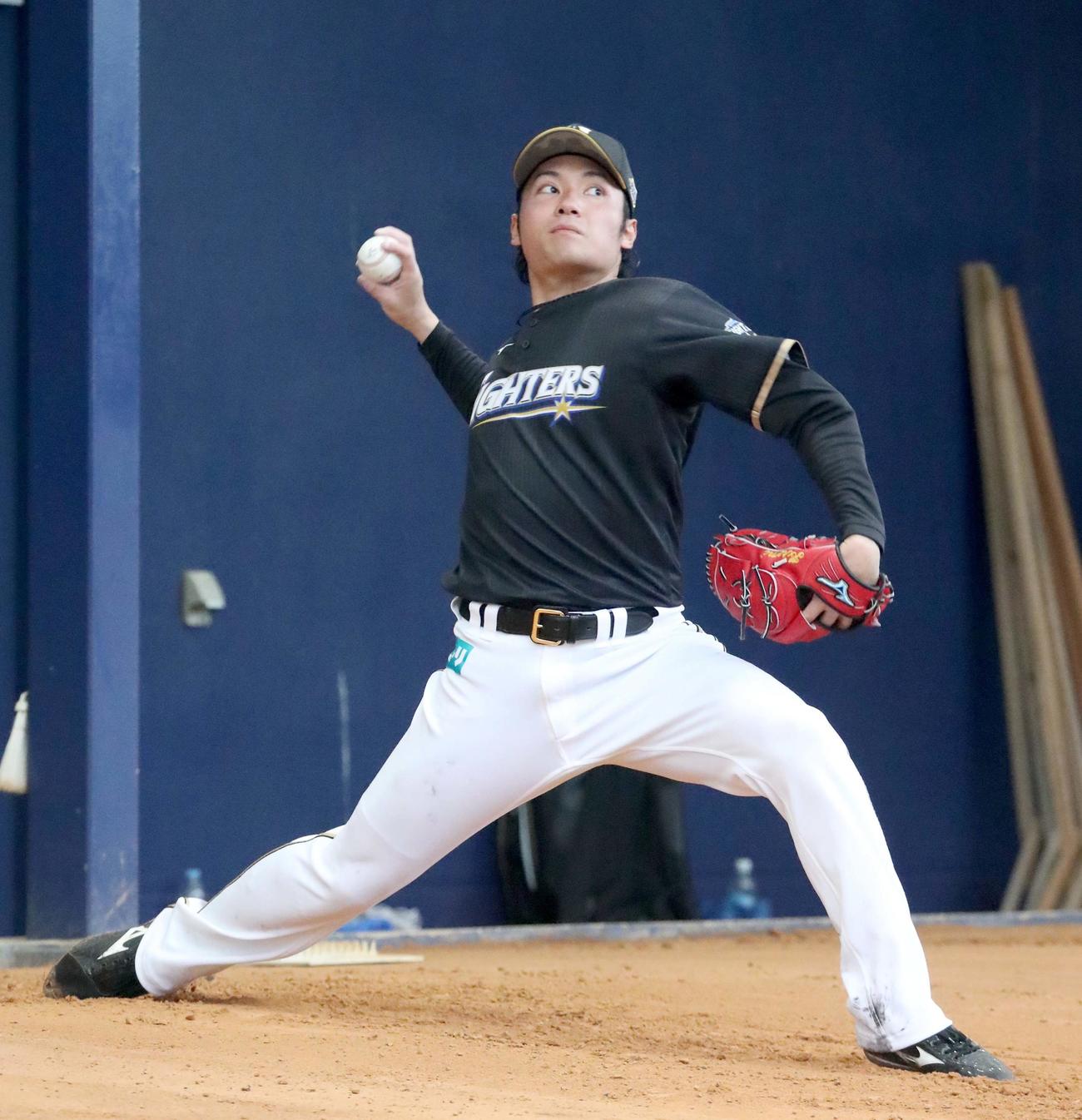 ブルペンで投球する日本ハム伊藤（撮影・佐藤翔太）