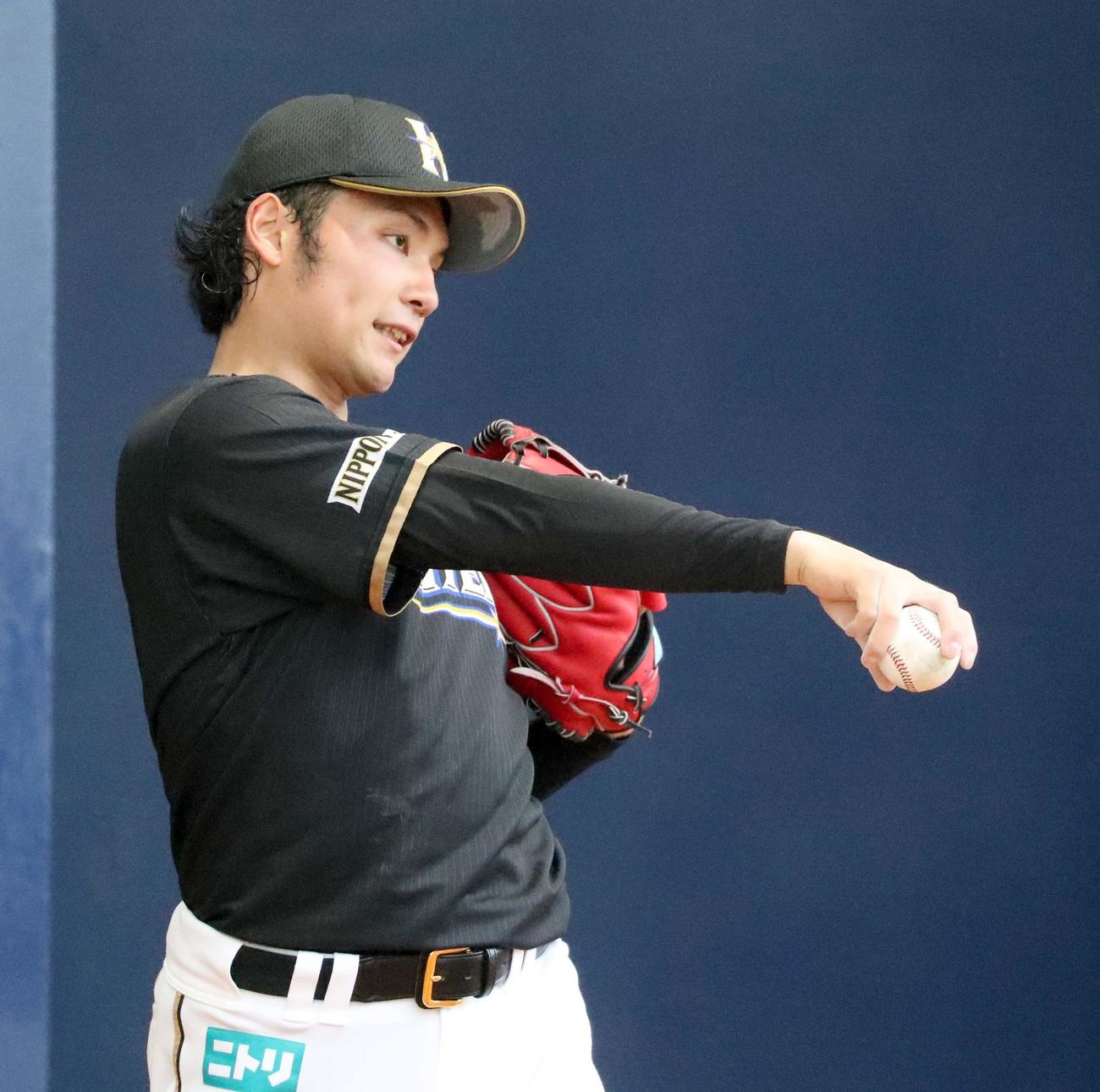 ブルペンで投球フォームを確認する日本ハム伊藤（撮影・佐藤翔太）