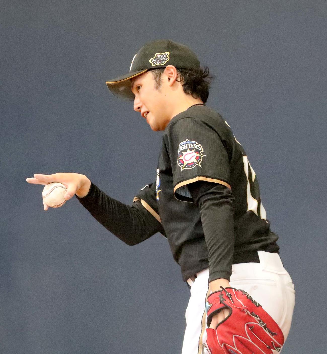 ブルペンで球種を確認する日本ハム伊藤（撮影・佐藤翔太）