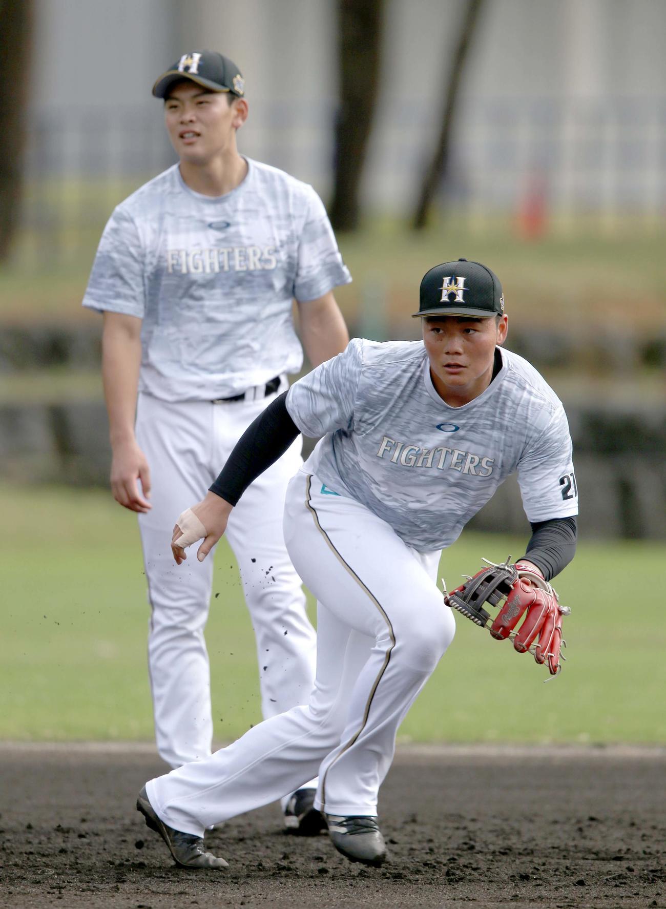 守備練習をする日本ハム野村と清宮（右手前）（撮影・佐藤翔太）