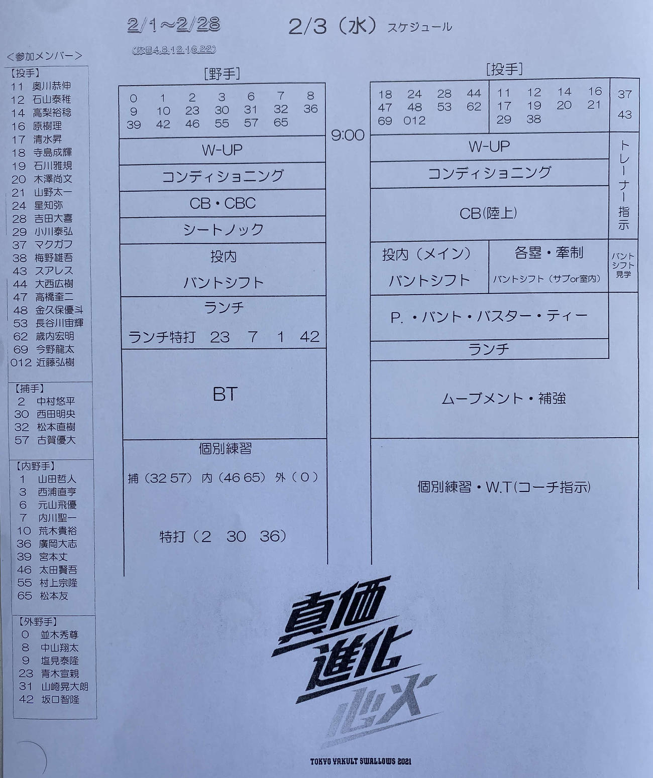 ヤクルトキャンプ3日目の練習メニュー