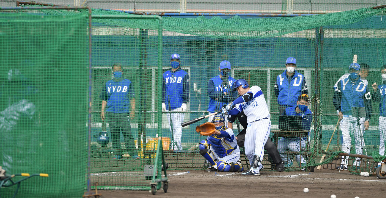 フリー打撃で快音を響かせるDeNA細川。打撃投手砂田（撮影・横山健太）