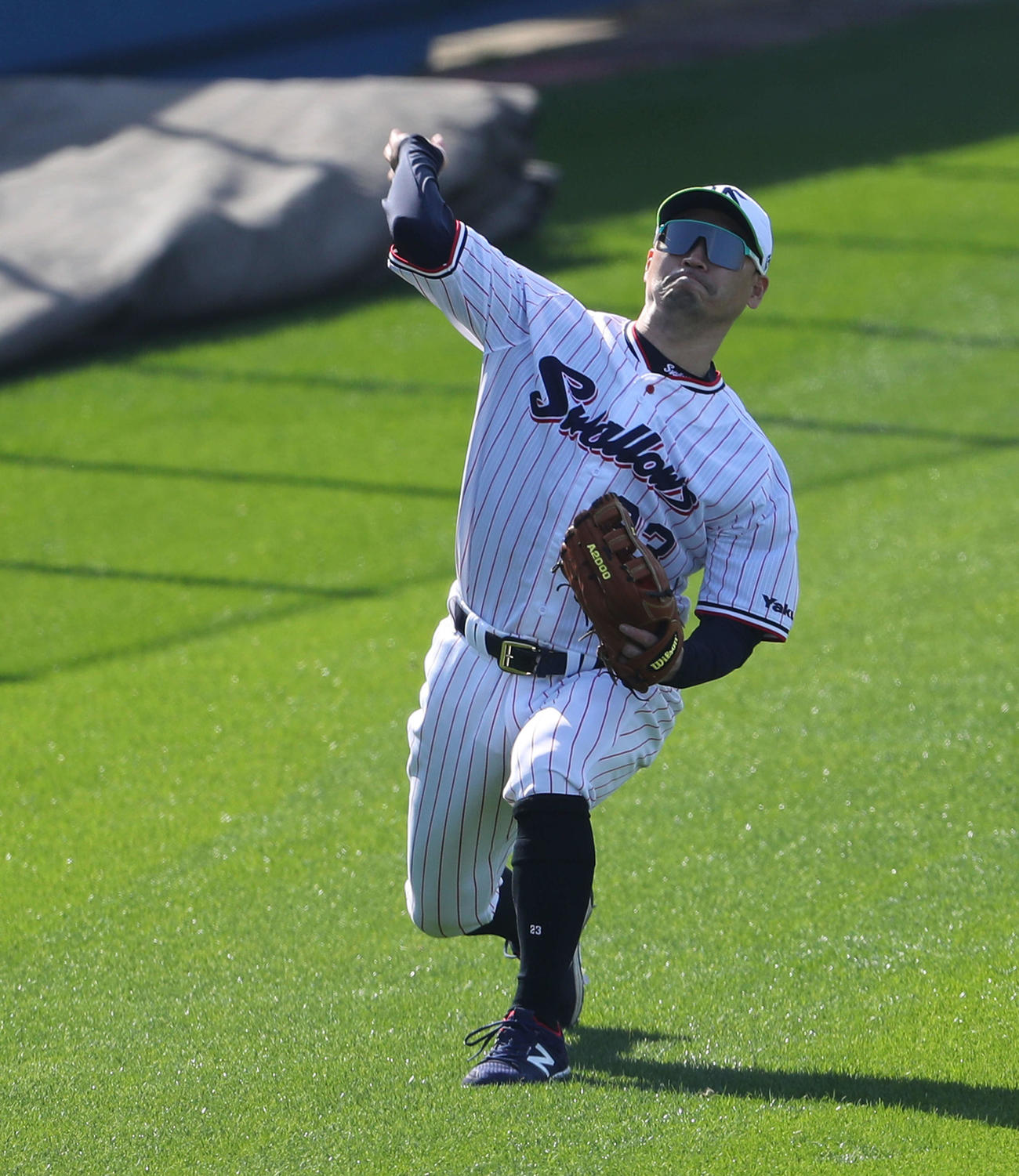 シートノックで送球するヤクルト青木（撮影・河田真司）