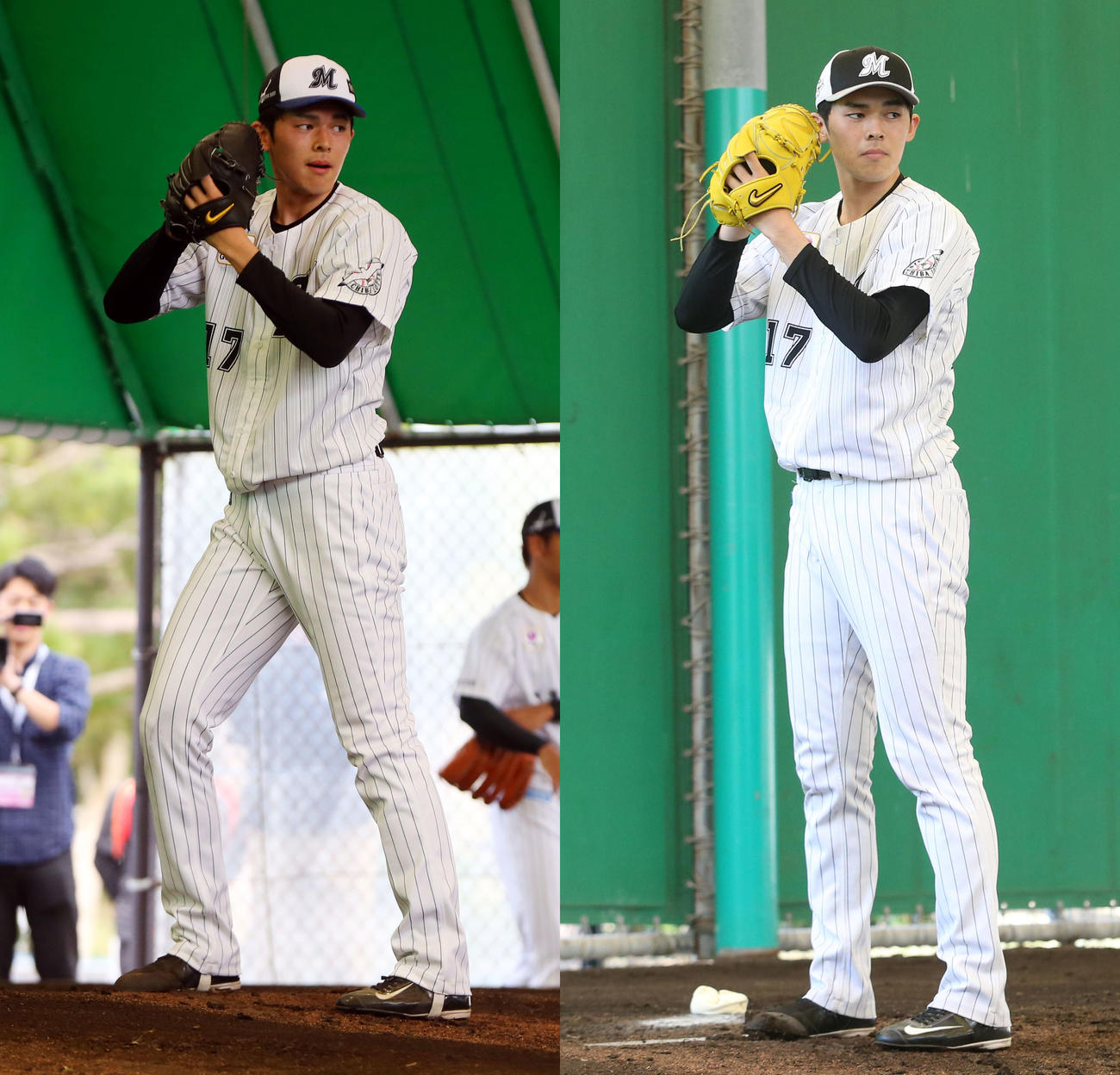 ロッテ佐々木朗希の構え。左は20年春季キャンプ、右は21年春季キャンプ