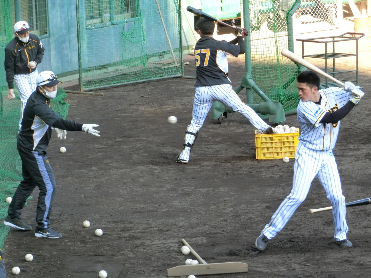 高知・安芸での阪神2軍春季キャンプで和田TAからトスを上げてもらう高寺（撮影・奥田隼人）