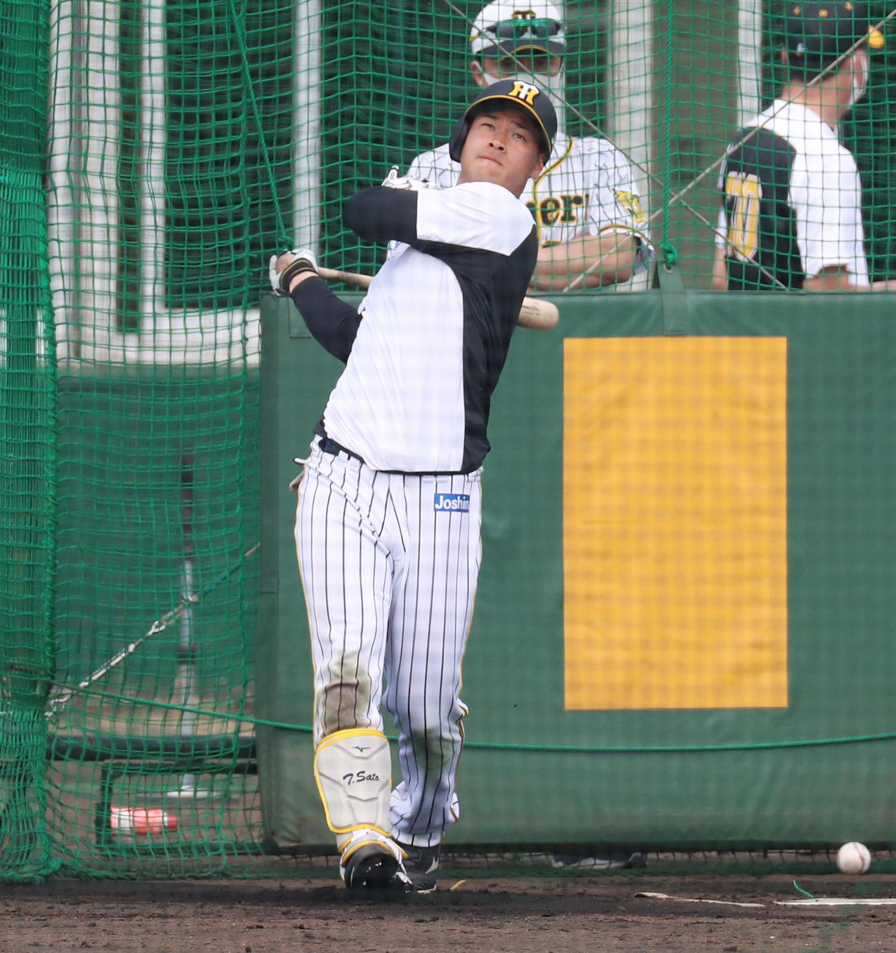 打撃練習を行う佐藤輝（撮影・加藤哉）