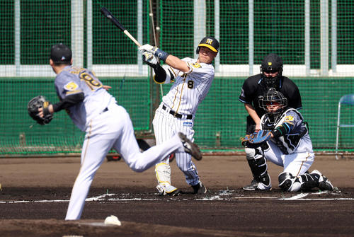 紅白戦　1回裏白組無死、佐藤輝は二ゴロを放つ。左は馬場（撮影・加藤哉）
