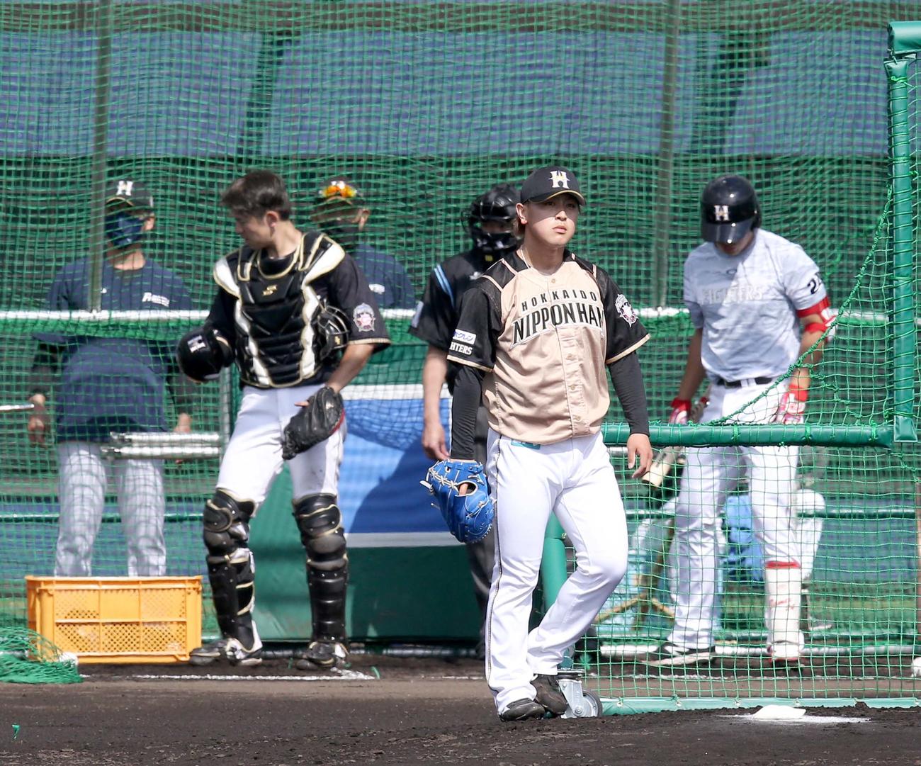打撃投手を務める河野。右奥は対戦した野村（撮影・佐藤翔太）