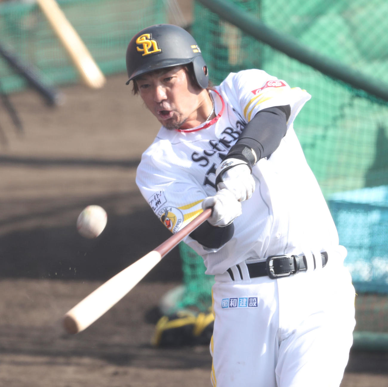打撃練習を行う松田宣浩（撮影・梅根麻紀）