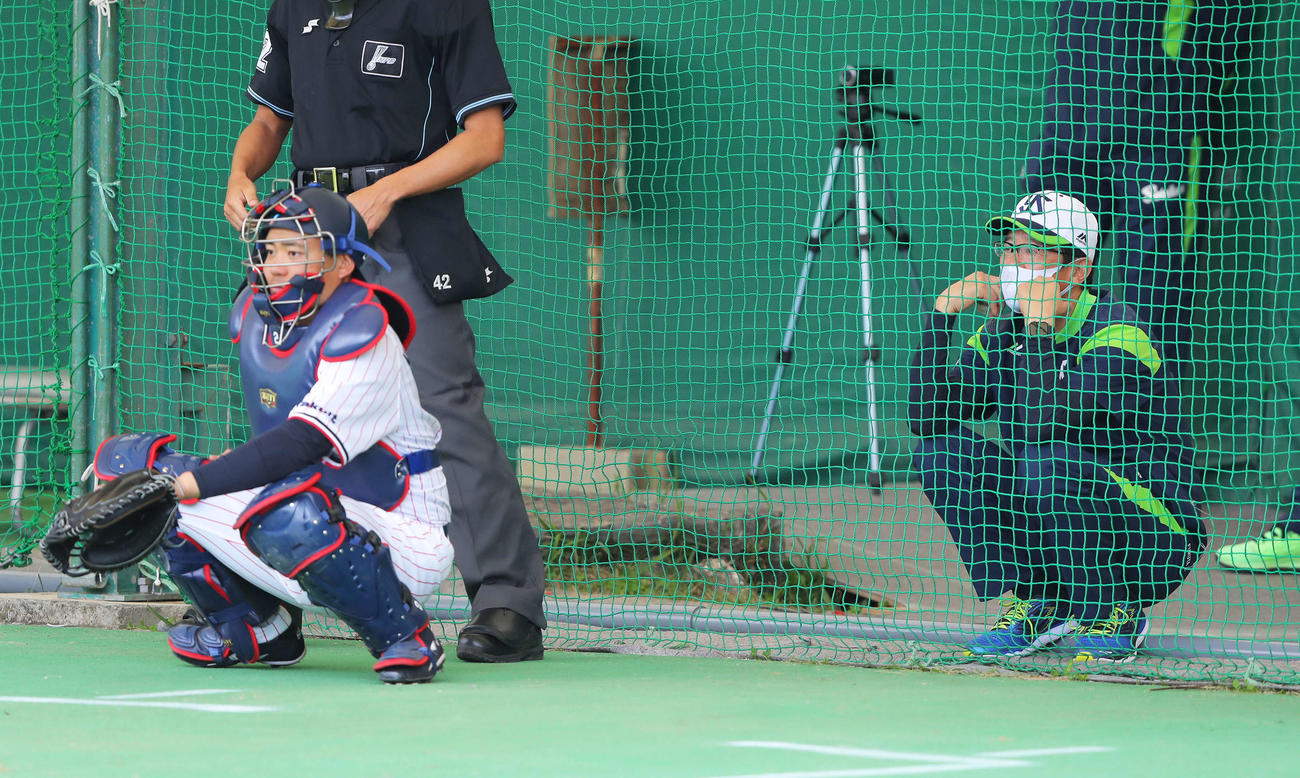 ブルペンで投手陣を見る古田臨時コーチ（右）。左はヤクルト中村（撮影・河田真司）