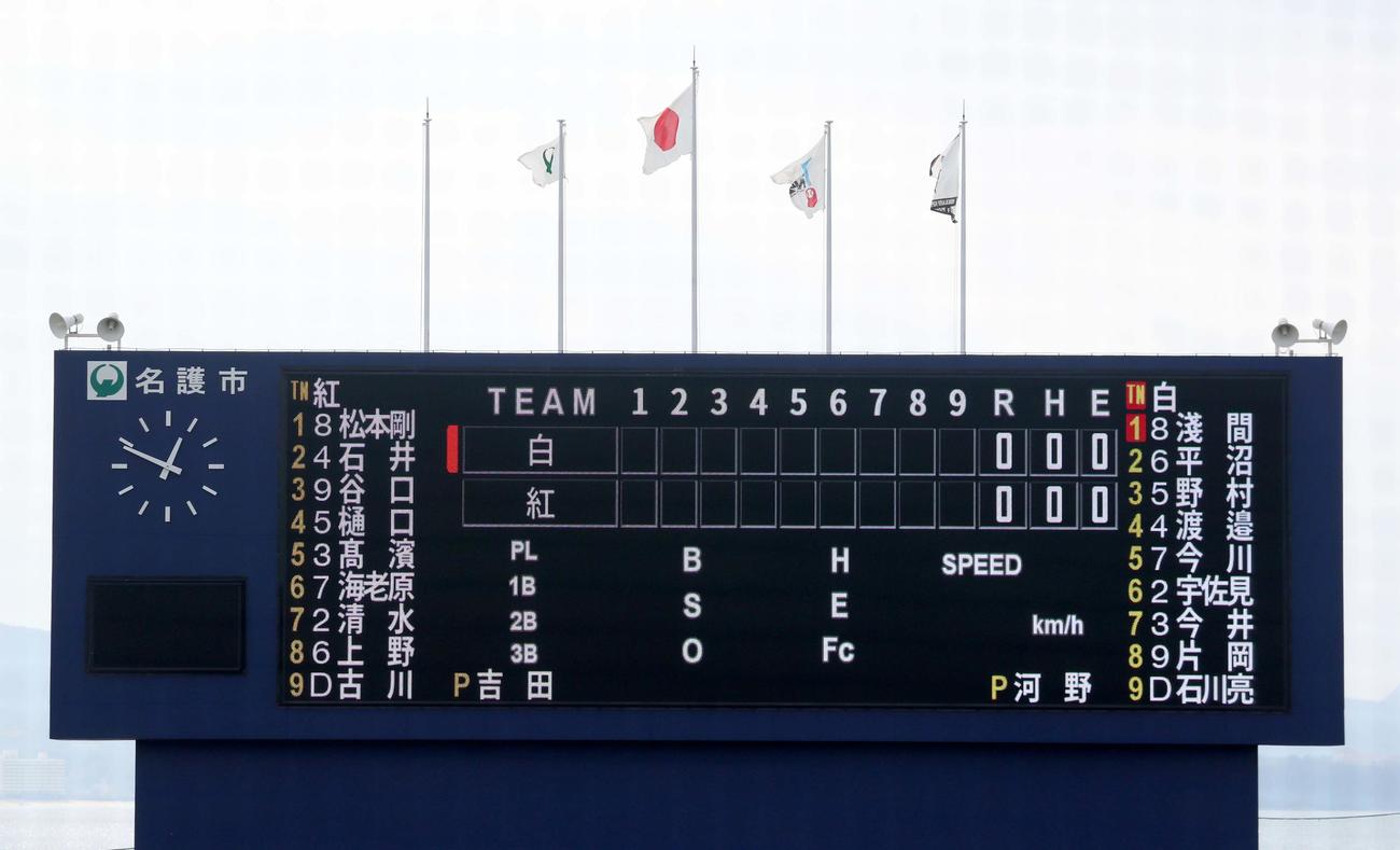 日本ハム紅白戦のスタメンが表示された大型ビジョン（撮影・佐藤翔太）