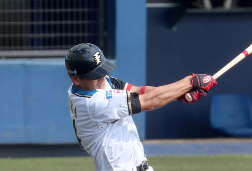 4回裏白組無死、日本ハム野村は左前打を放つ（撮影・佐藤翔太）
