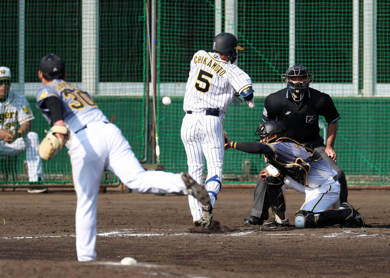 紅白戦　7回裏白組無死一、二塁、佐藤蓮（左）は近本に死球を与える（撮影・加藤哉）