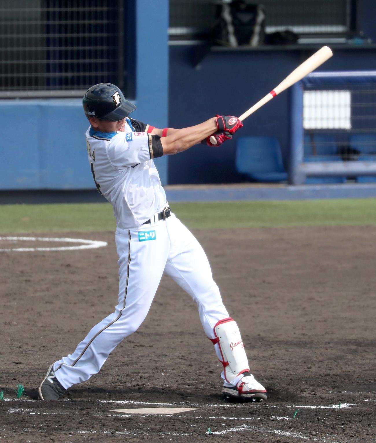 4回裏白組無死、日本ハム野村は左前打を放つ（撮影・佐藤翔太）