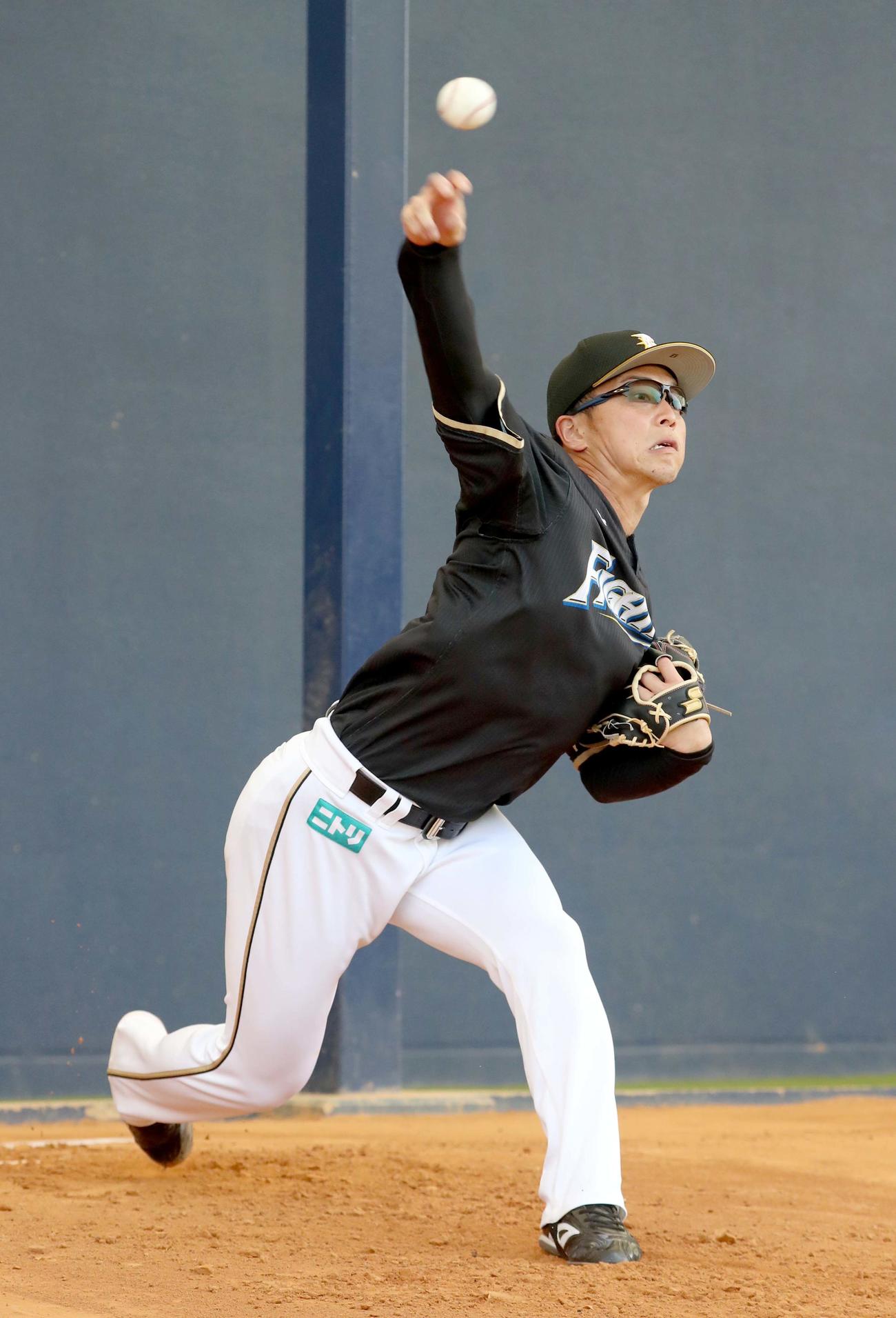 ブルペンで投球する日本ハム生田目（撮影・佐藤翔太）