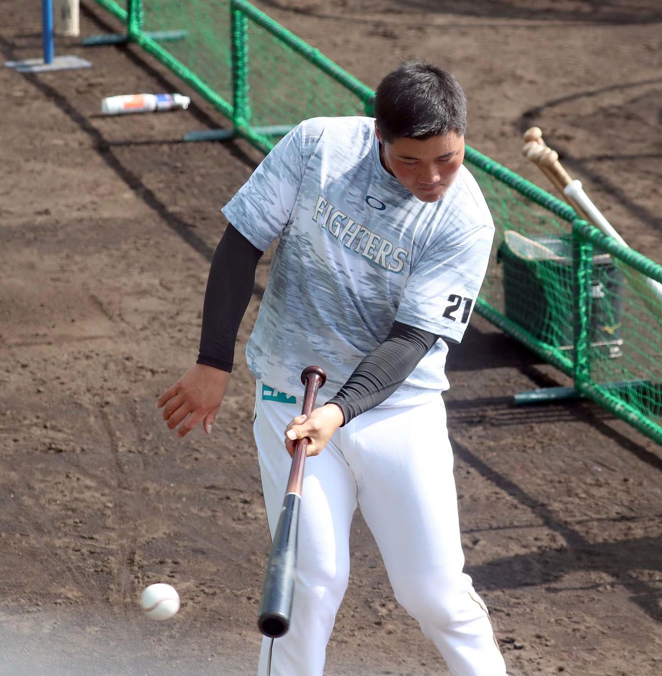 右手を使わずに打撃練習をする日本ハム清宮（撮影・佐藤翔太）