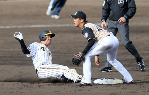 阪神対日本ハム（練習試合）　7回裏阪神1死二塁、佐藤輝は右線に適時二塁打を放つ、右は平沼（撮影・加藤哉）