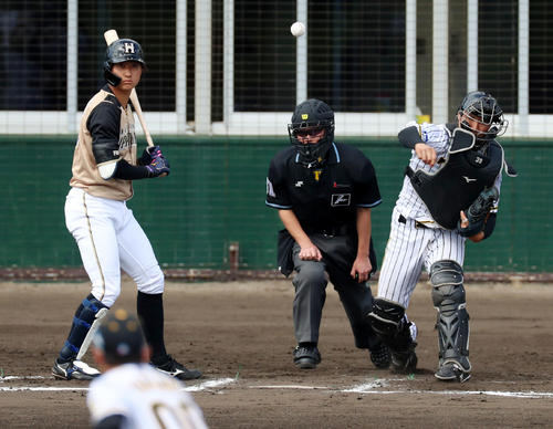 阪神対日本ハム　6回表日本ハム2死一塁、栄枝は一走平沼の二塁盗塁を刺す（撮影・加藤哉）